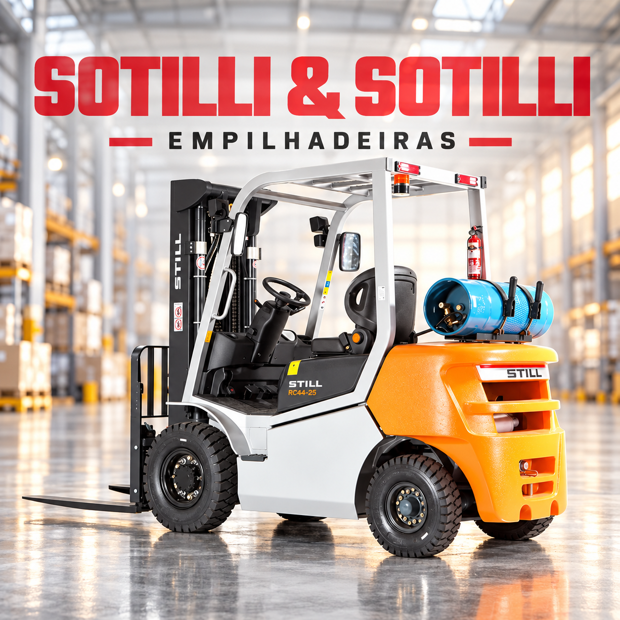 Empilhadeira contrabalançada STILL a GLP em ambiente industrial, com identidade visual da Sotilli