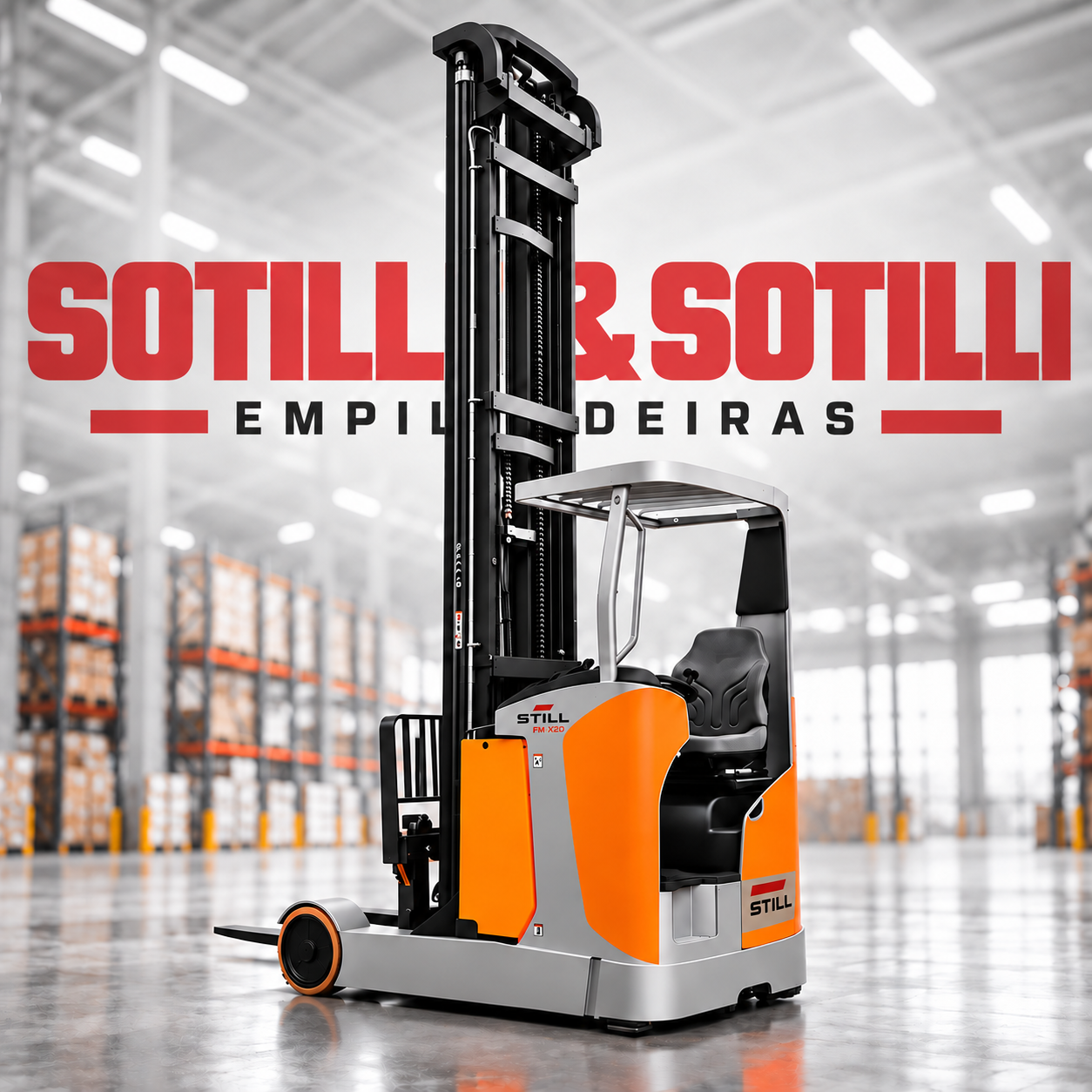 Empilhadeira retrátil laranja em armazém industrial, com identidade visual da Sotilli